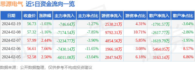 思源电气（002028）2月19日主力资金净卖出74664万元(图1)
