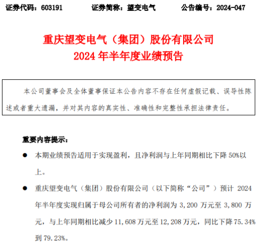 望变电气2024年上半年预计净利3200万-3800万取向硅钢产品销售单价降幅较大(图1)