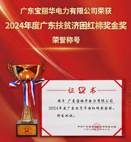 宝新能源：旗下电力公司荣获“2024年度广东扶贫济困红棉奖金奖”荣誉称号(图1)